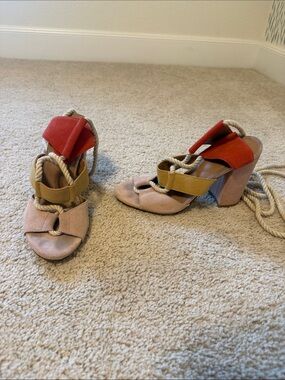 Anthropologie Pink, Mustard & Red Block Heel Rope Sandals